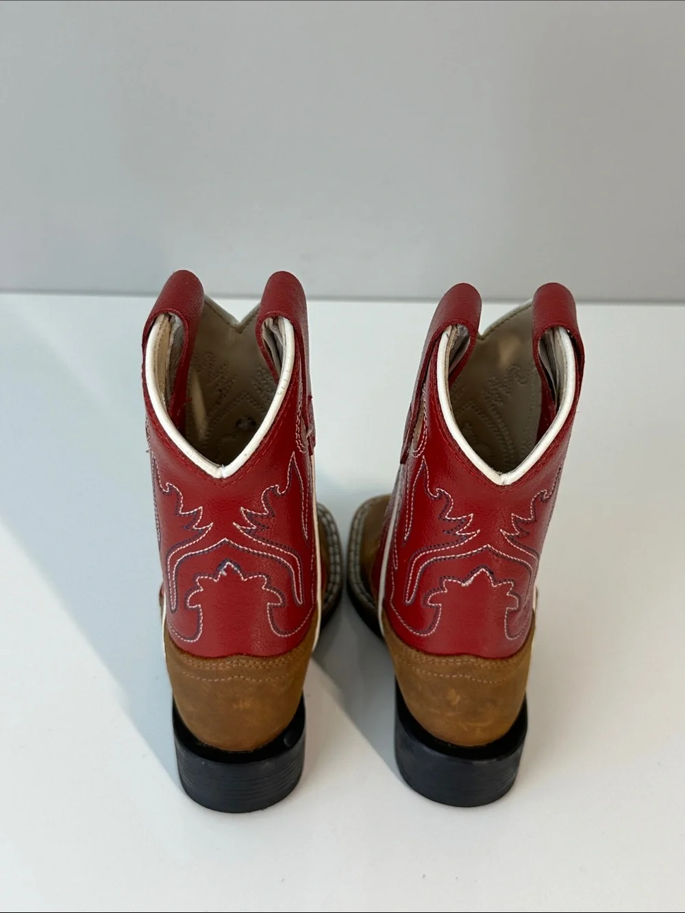 Old West Red Kids Distress Leather Broad Square Toe Cowboy Boots Size 4 Western